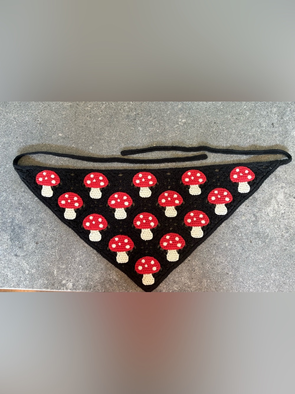 Handmade Black Crochet Bandana with Red Mushroom Appliques